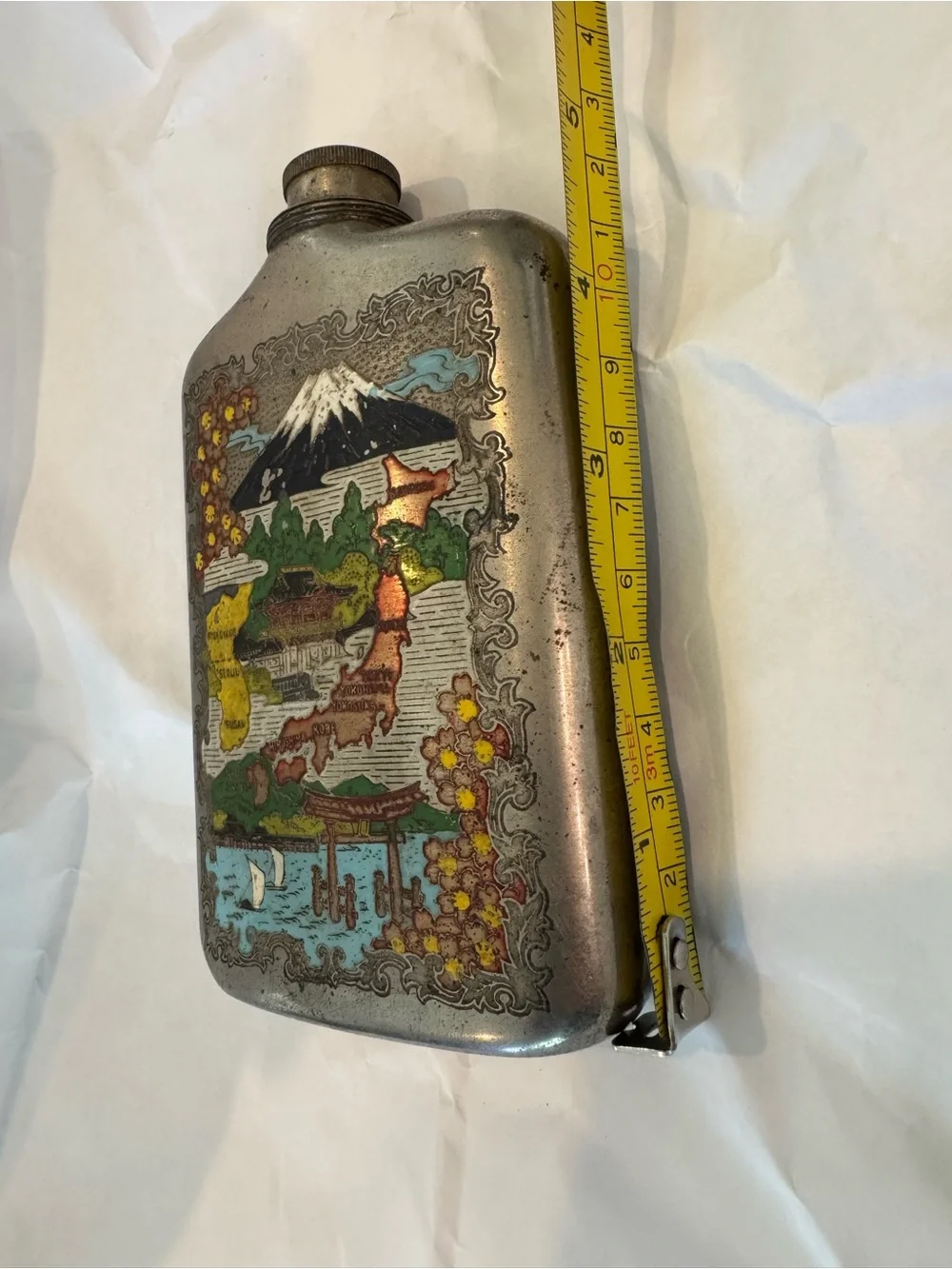 Vintage Korean War Era Silver-Toned Flask With Enameled Map of Korea and Japan